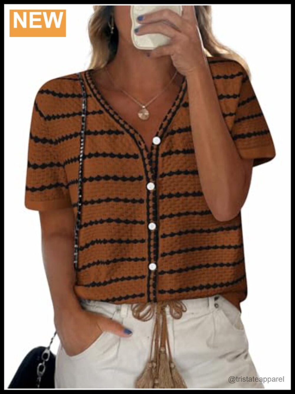 Women's Short Sleeve Crochet Knit Sweater Button Down V-Neck Cotton